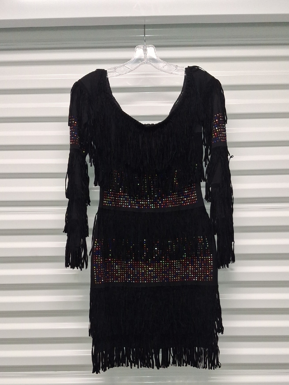 Black Fringe Party Dress with Multicolor Stud Accents
